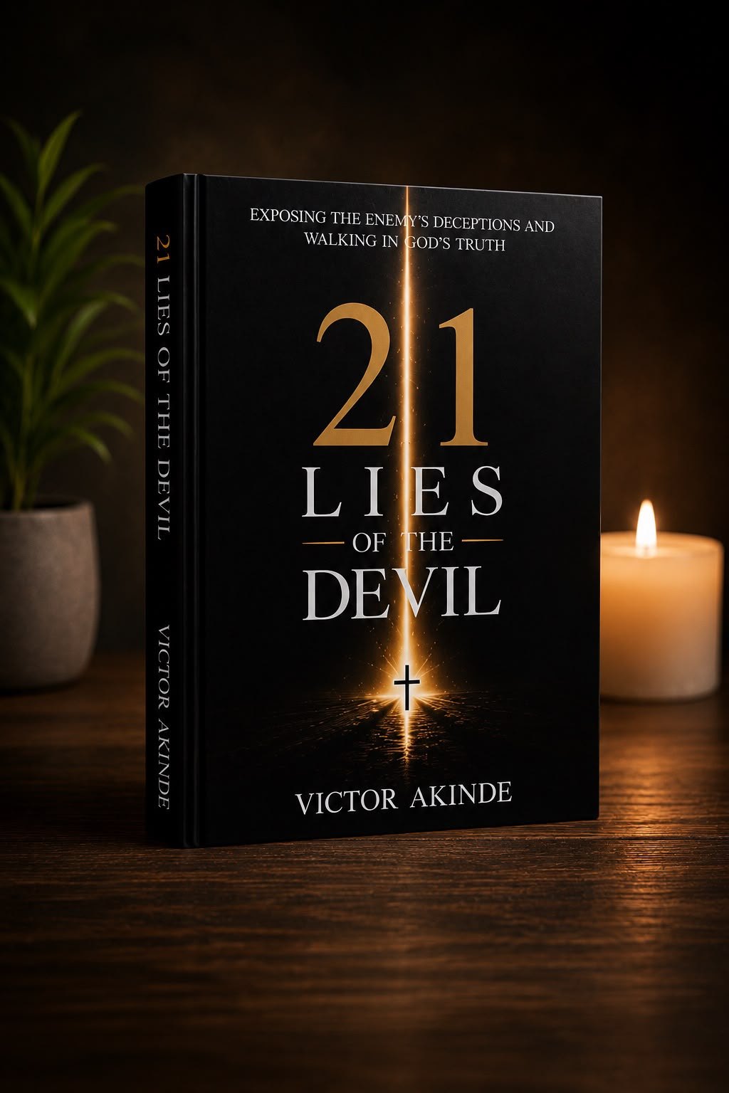 The hardcover edition of 21 Lies of the Devil standing beside a lit candle