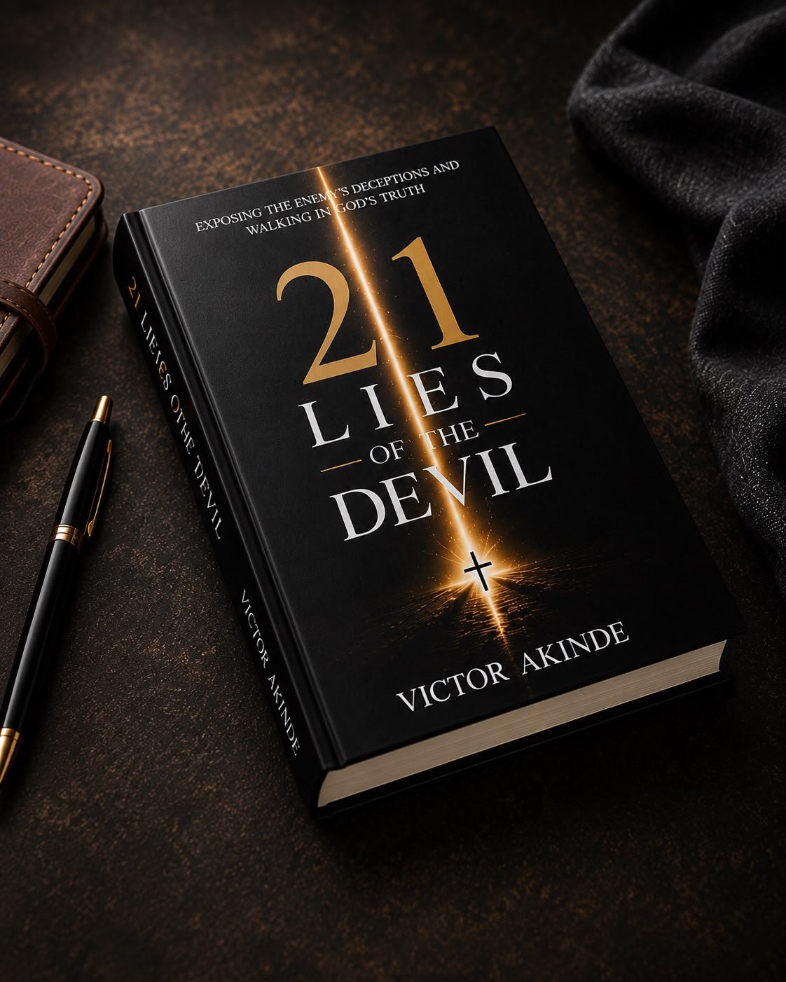 The hardcover edition of 21 Lies of the Devil lying on a dark desk beside a pen and notebook